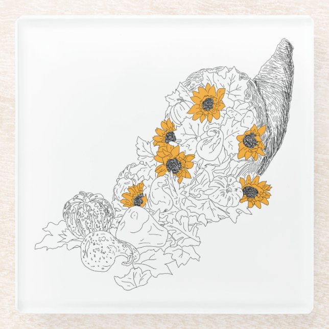 Cornucopia Sunflowers Pumpkins  Glass Coaster (Front)