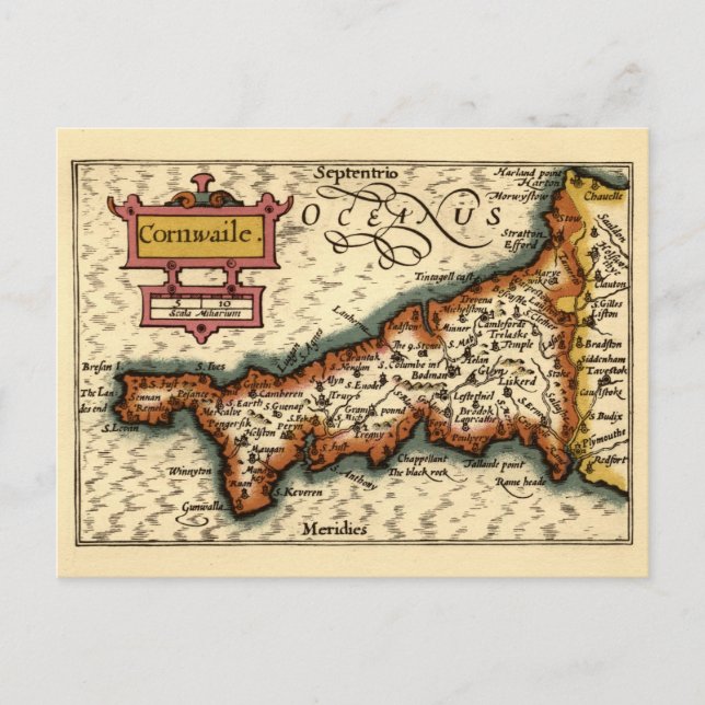 Cornwall, Cornwaile County England Antiquarian Map Postcard (Front)