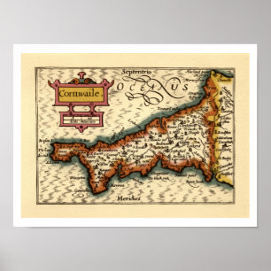 Cornwall, Cornwaile County England Antiquarian Map Poster