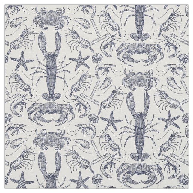 cornwall crustaceans damask blue pearl fabric (Swatch)