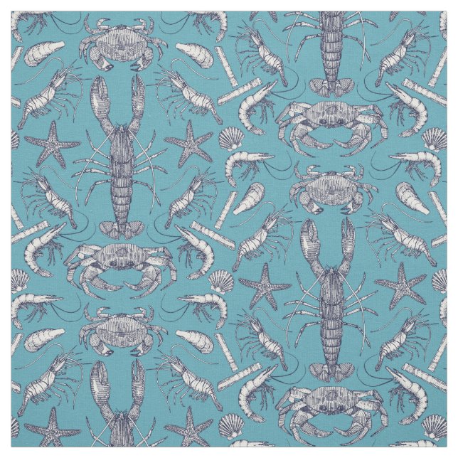 cornwall crustaceans damask blue teal fabric (Swatch)