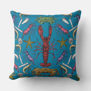 cornwall crustaceans damask pop blue cushion