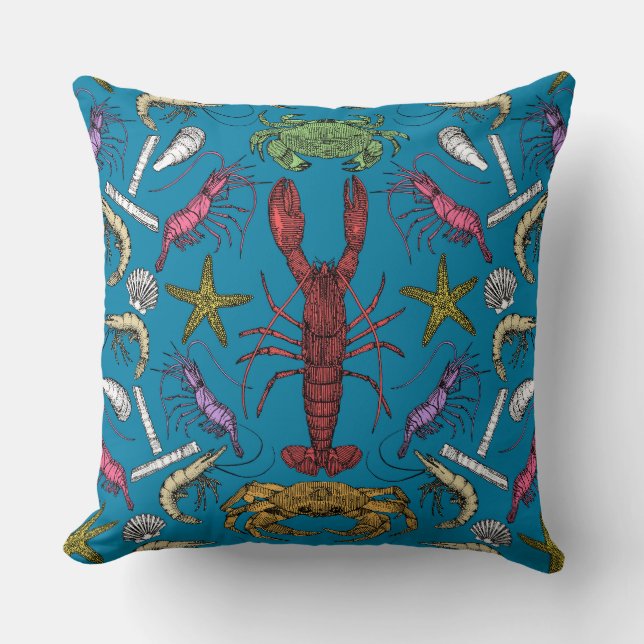 cornwall crustaceans damask pop blue cushion (Front)