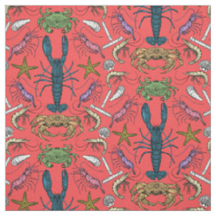 cornwall crustaceans damask pop red fabric