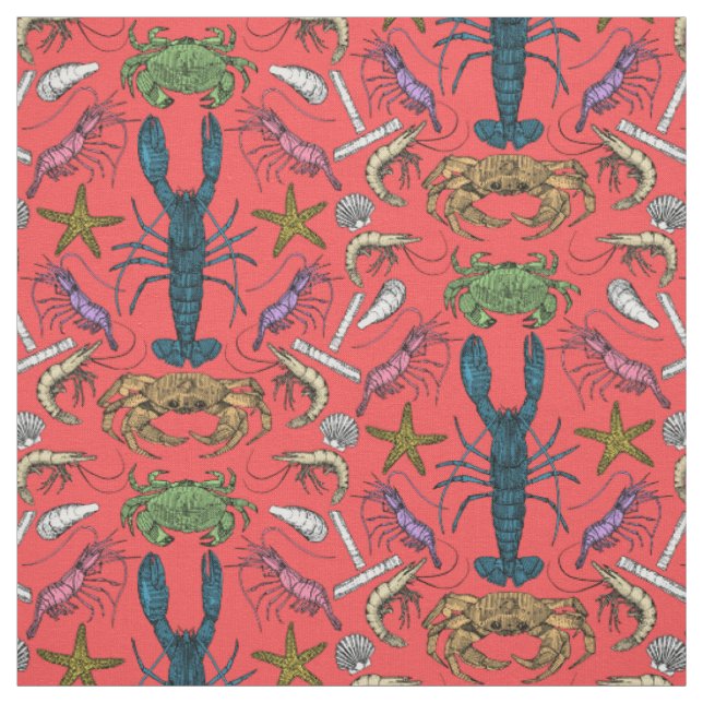 cornwall crustaceans damask pop red fabric (Swatch)