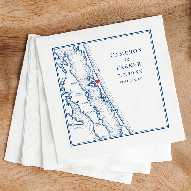 Corolla NC Outer Banks Map Navy Elegant Wedding Napkin (Corolla NC Map Wedding Cocktail Napkins Outer Banks in Elegant Navy Blue by Coastal Map Desi)