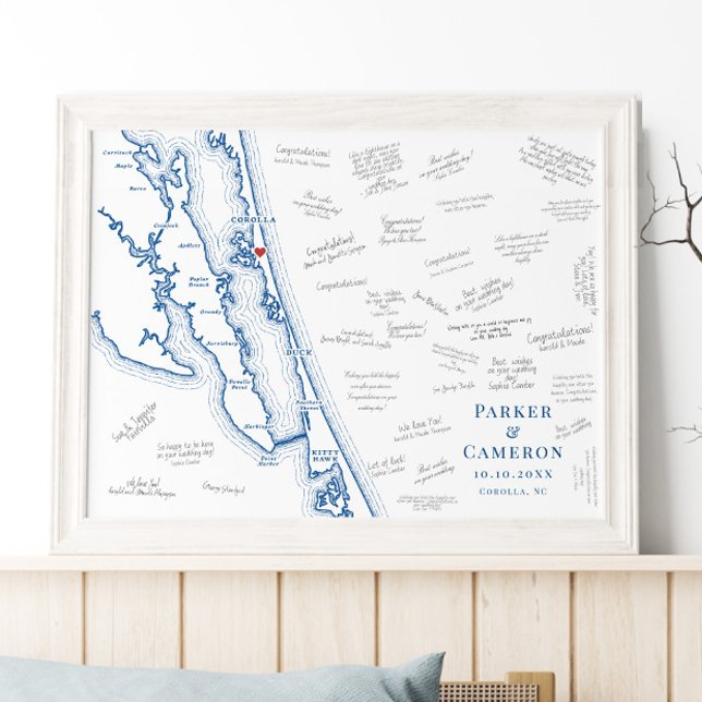 Corolla NC Wedding Elegant Guest Book Poster (Corolla NC Map Elegant Wedding Guest Book Poster with Navy Blue OBX Map by Coastal Map Designs)