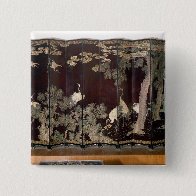 Coromandel screen depicting cranes 15 cm square badge (Front)