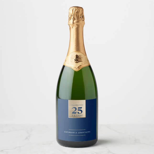 CORPORATE ANNIVERSARY business navy white gold Sparkling Wine Label (Front)