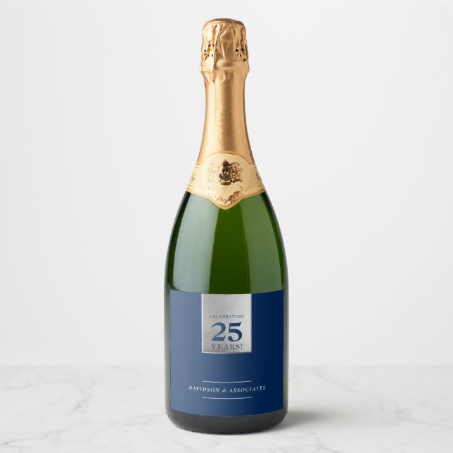 CORPORATE ANNIVERSARY business white navy silver Sparkling Wine Label (Front)