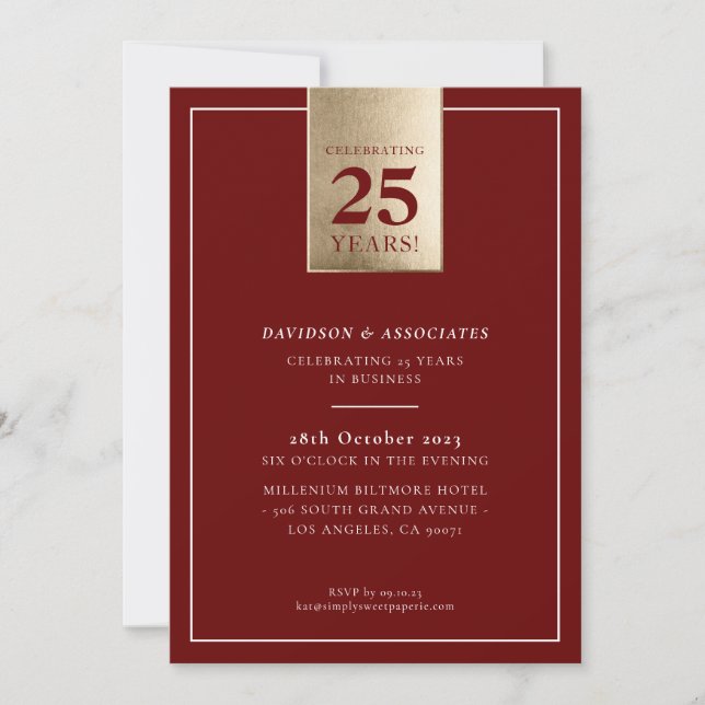 CORPORATE ANNIVERSARY stylish business maroon gold Invitation (Front)