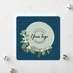 Corporate Blue Green Wreath Custom Logo Christmas Holiday Card