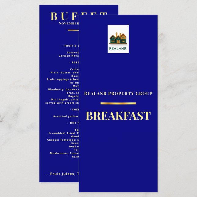 Corporate Breakfast Menu Card Logo Elegant Navy (Front/Back)
