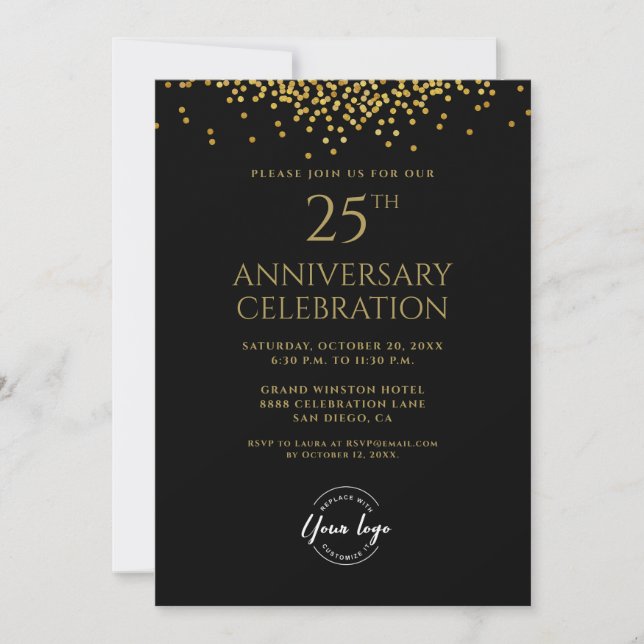 Corporate Business 25th Anniversary Black Gold  Invitation (Front)