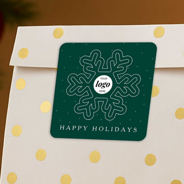 Corporate Business Logo Christmas Snowflake Green Square Sticker (Business logo festive stickers in green and white with modern snowflake design)