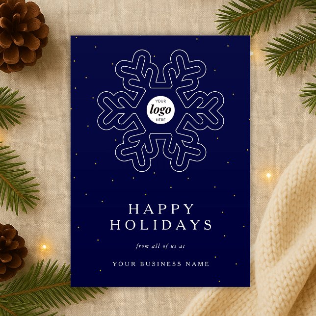 Corporate Business Logo Christmas Snowflake Navy Holiday Card (Modern corporate business logo Christmas snowflake navy blue and white holiday card)