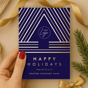 Corporate Business Logo Navy Geometric Christmas Foil Holiday Card