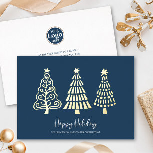 Corporate Business Logo Tree Navy Script Real Gold Foil Holiday Card
