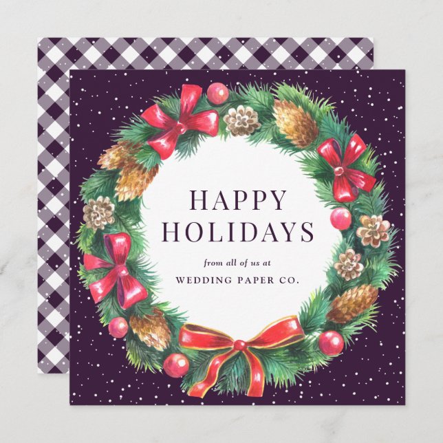 Corporate Business Purple Gingham Plaid Wreath Holiday Card (Front/Back)