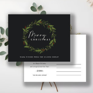 CORPORATE CHIC BLACK HOLLY BERRY WREATH CHRISTMAS HOLIDAY POSTCARD