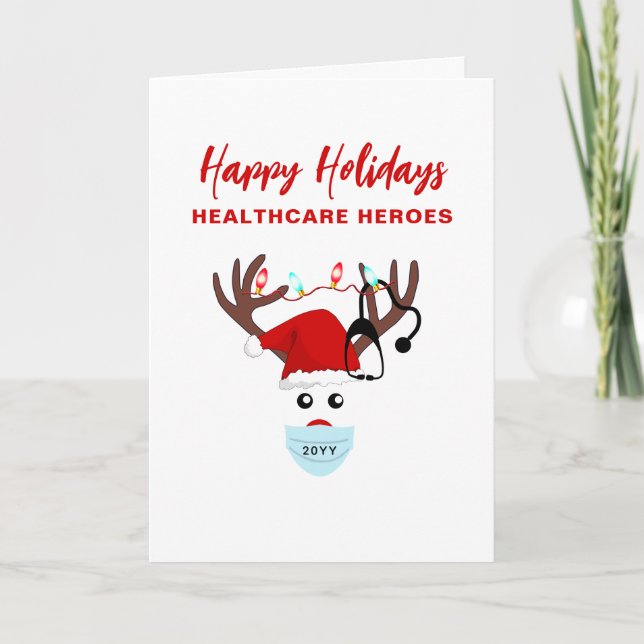 Corporate Christmas Healthcare Heroes Reindeer Holiday Card (Front)