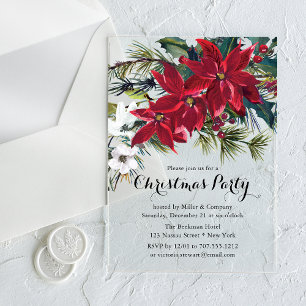 Corporate Christmas Party Burgundy Poinsettia Acrylic Invitations