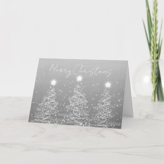 Corporate Christmas Sparkly Xmas Trees Silver  Holiday Card (Front)