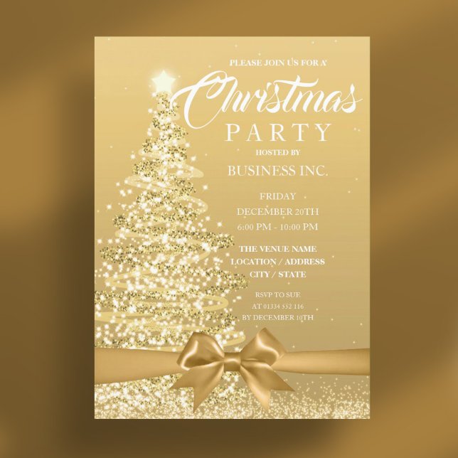 CORPORATE Christmas Tree Ribbon Gold Party Invitation (CORPORATE Christmas Tree Ribbon Gold Party Invitation)