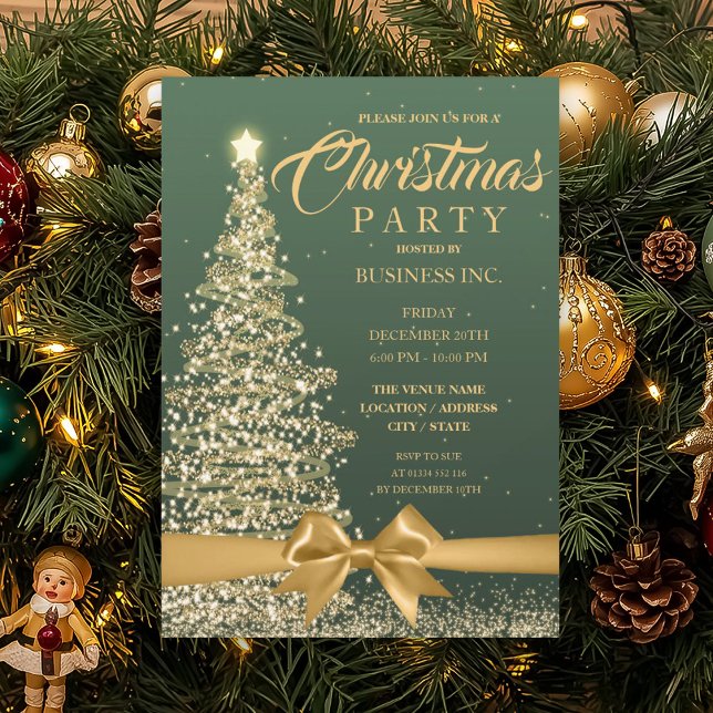 CORPORATE Christmas Tree Ribbon Green Gold Party Invitation (CORPORATE Christmas Tree Ribbon Green Gold Party Invitation)
