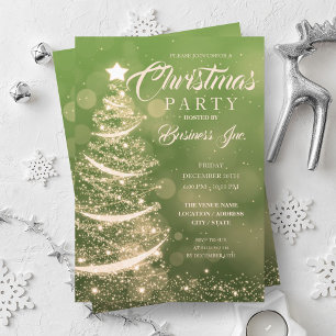 CORPORATE Christmas Tree Sparkle Green Gold Party Invitation