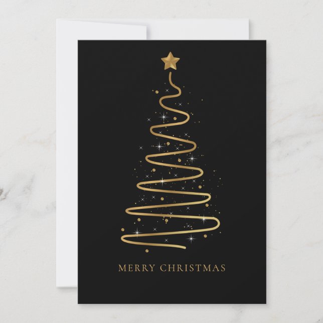 Corporate Elegant Black Gold Merry Christmas Tree Holiday Card (Front)