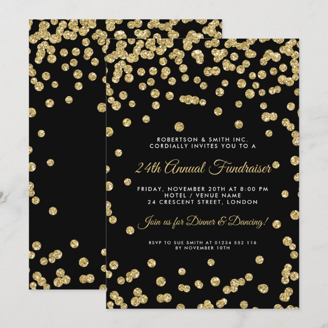 Corporate Fundraiser Dinner Gold Confetti Black Invitation (Front/Back)