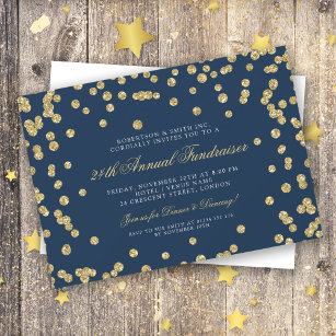 Corporate Fundraiser Dinner Gold Confetti Navy Blu Invitation