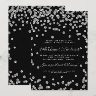 Corporate Fundraiser Dinner Silver Confetti Black Invitation