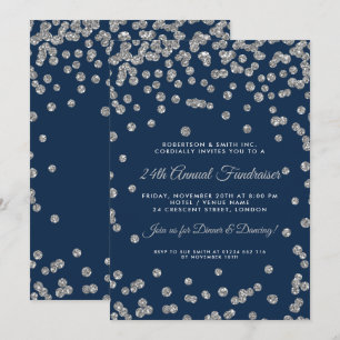 Corporate Fundraiser Dinner Silver Confetti Navy Invitation