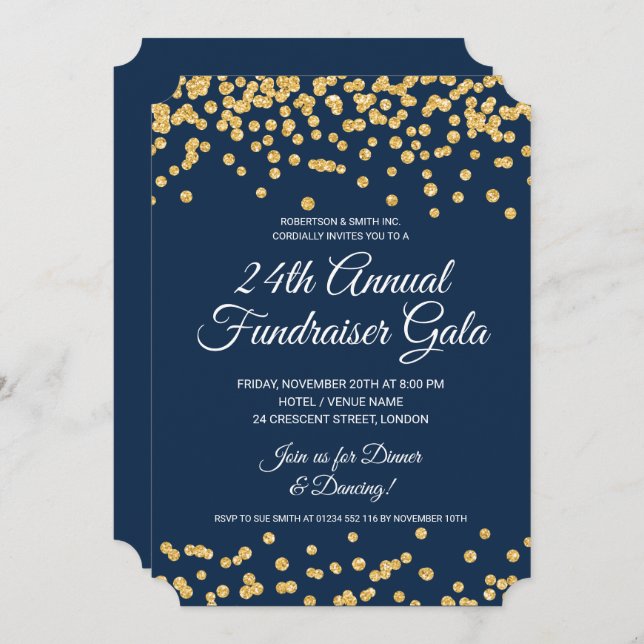 Corporate Fundraiser Gold Glitter Confetti Navy Invitation (Front/Back)