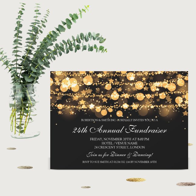 Corporate Fundraiser Gold Sparkling String Lights Invitation (Creator Uploaded)