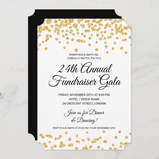 Corporate Fundraiser Party Gold Glitter Confetti  Invitation (Front/Back)