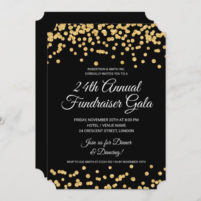 Corporate Fundraiser Party Gold Glitter Confetti  Invitation (Front/Back)
