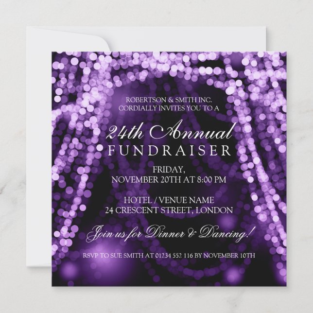 Corporate Fundraiser Party String Lights Purple Invitation (Front)