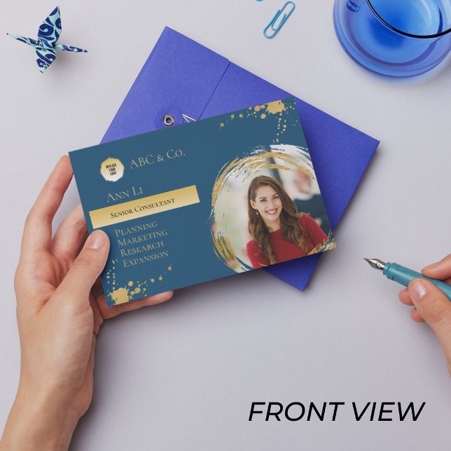 Corporate Gold & Blue, Add Photo To Custom Shape Business Card (Creator Uploaded)