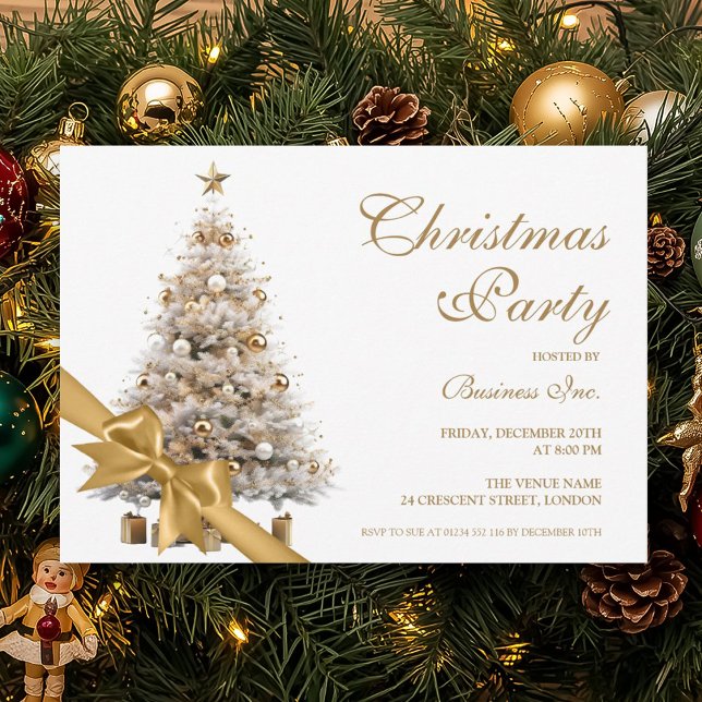 Corporate Gold Christmas Tree & Bow Holiday Party  Invitation (Corporate Gold Christmas Tree & Bow Holiday Party Invitation)