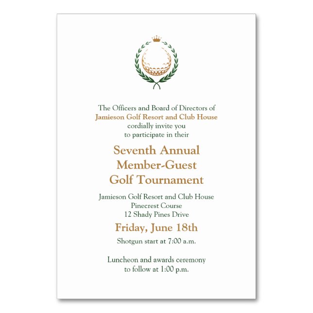 Corporate Golf Tournament Invitation Table Number (Front)