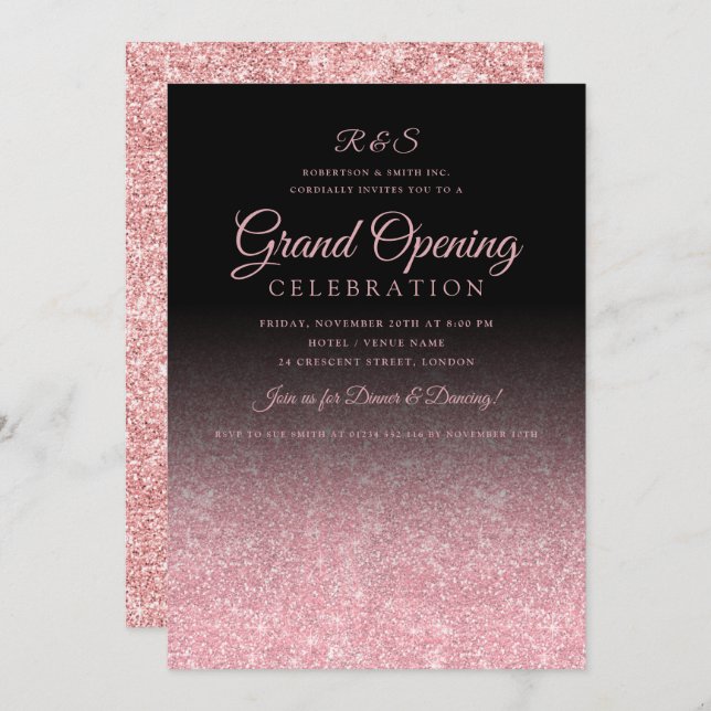 Corporate Grand Opening Rose Gold Glitter Black  Invitation (Front/Back)