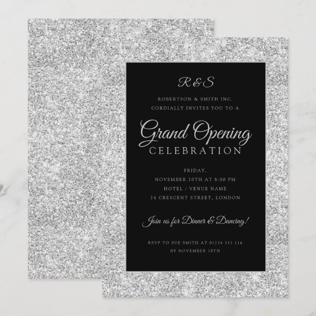 Corporate Grand Opening Silver Glitter Invitation (Front/Back)