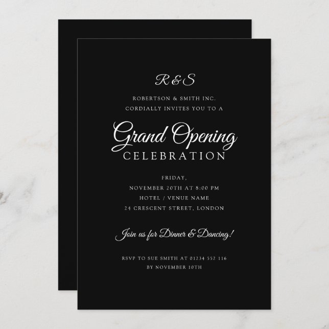 Corporate Grand Opening Simple Monogram Black Invitation (Front/Back)