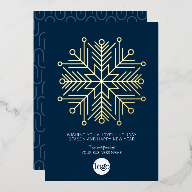 Corporate Greeting - Snowflake with Navy Blue Gold Foil Holiday Card (Front/Back)