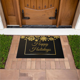 Corporate Happy Holidays Chic Black Gold Holiday Doormat