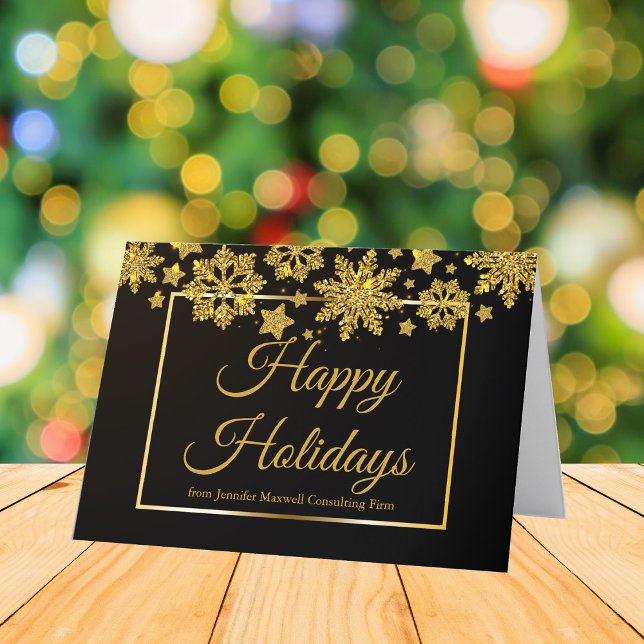 Corporate Happy Holidays Chic Black Gold Snowflake Holiday Card (Creator Uploaded)