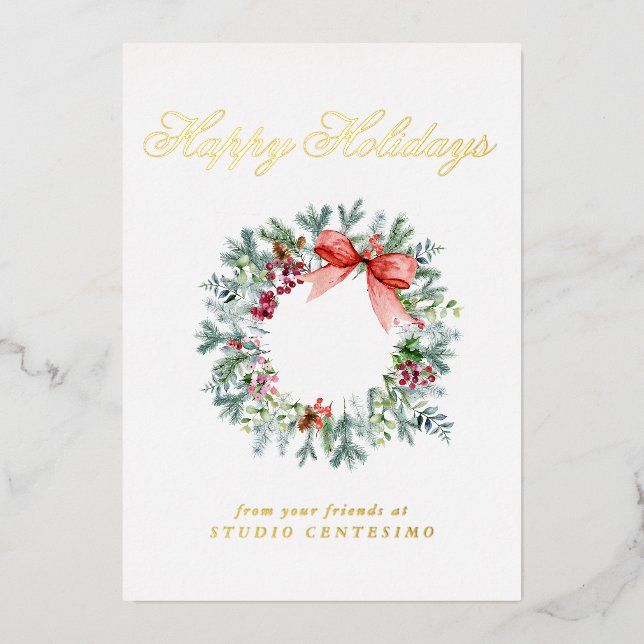 Corporate Happy Holidays Christmas Wreath Gold  Foil Holiday Card (Front)